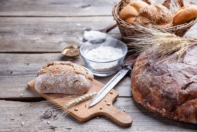 High angle view of bread in basket on table