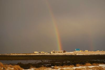 Scenic view of rainbow over residential district