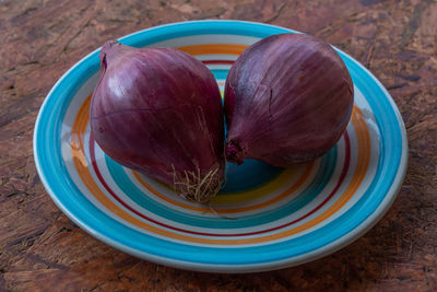 High angle view of fruit in bowl on table