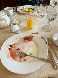 High angle view of breakfast served on table