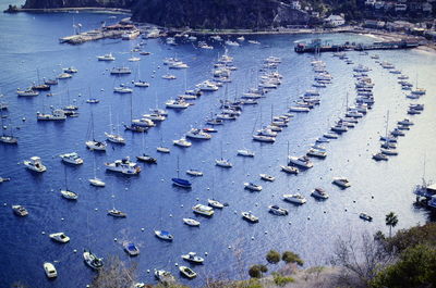 High angle view of boats in sea