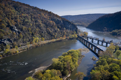 High angle view of river amidst trees against sky