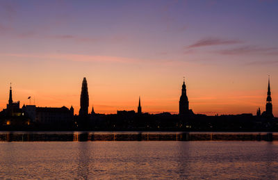 View of buildings at waterfront during sunset