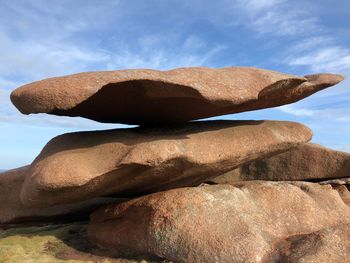 Low angle view of rocks on rock against sky