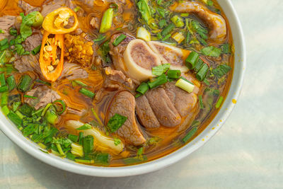 High angle view of soup in bowl on table