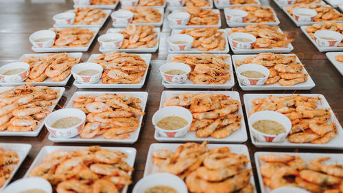 High angle view of food served in plate arranged on table