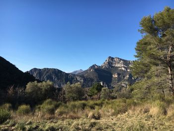 Scenic view of mountains against clear blue sky