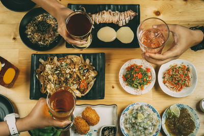 High angle view of served food