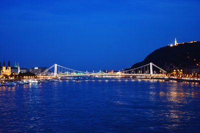 Illuminated bridge over river against blue sky