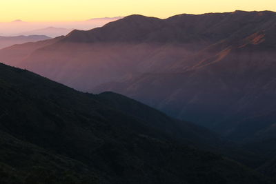 Scenic view of mountains against sky during sunset