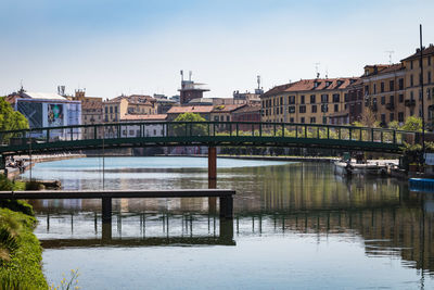 Bridge over river by buildings against sky in city