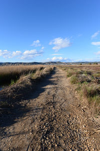 Scenic view of dirt road against sky