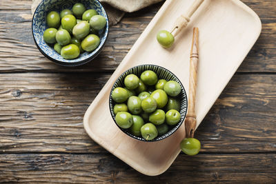 High angle view of fruits in bowl on table