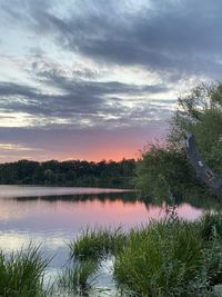 Scenic view of lake against sky during sunset