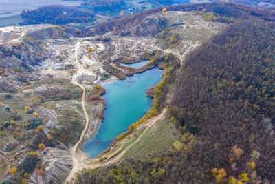 Aerial view of lake and mountains