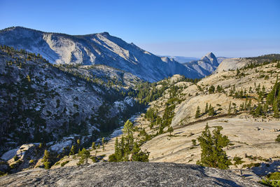 Scenic view of snowcapped mountains against clear sky