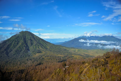 Scenic view of mountains against blue sky