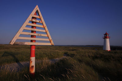 Lighthouse on field against clear sky