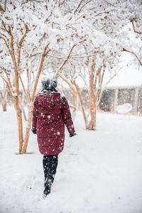 Rear view of person walking in snow