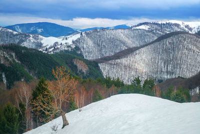 Scenic view of snowcapped mountains against sky