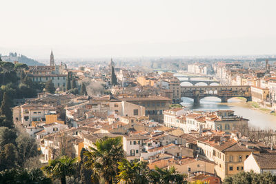 High angle view of cityscape against clear sky