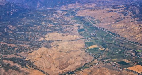 Aerial view rocky mountain landscapes on flight over colorado utah rockies wasatch front, usa.