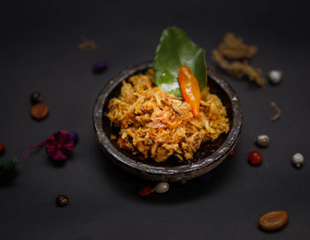 High angle view of food in plate on table