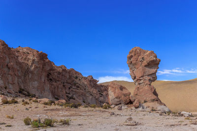 Rock formations in desert against blue sky