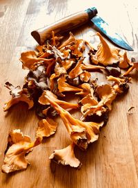 High angle view of mushrooms on table