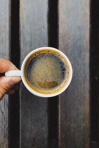 Cropped hand holding coffee cup on wooden table