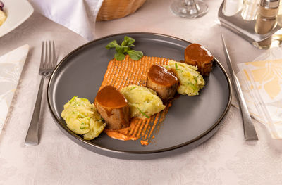 High angle view of food in plate on table