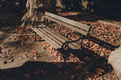 High angle view of empty bench in park