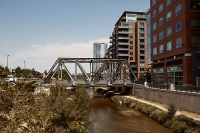 Various steel pedestrian bridges along pathway of cherry creek trail in downtown denver, colorado 