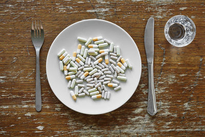 High angle view of rice in bowl on table