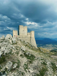 High angle view of old ruins against sky