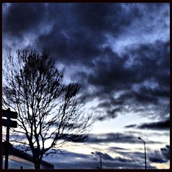 Low angle view of bare trees against cloudy sky