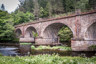 Arch bridge over river against trees