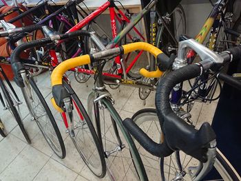 High angle view of bicycle parked in parking lot