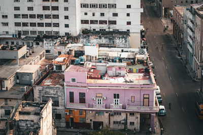 High angle view of ramshackle pink apartment building, city of havana