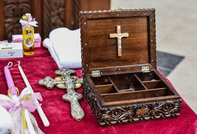 Close-up of objects on table