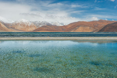 Scenic view of lake by mountains against sky