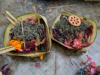 High angle view of various flowers in container