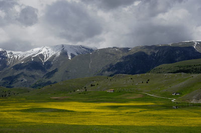 Scenic view of field against cloudy sky