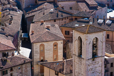 High angle view of old houses in city