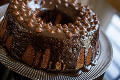 Close-up of chocolate cake in plate