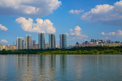 Panoramic view of river and buildings against sky