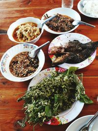 High angle view of thai food served on table