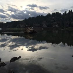 Scenic view of lake against cloudy sky
