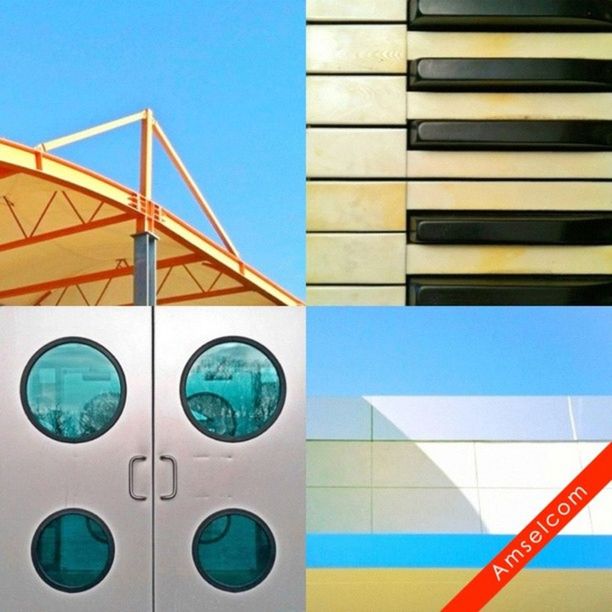 blue, clear sky, architecture, built structure, low angle view, copy space, circle, reflection, day, building exterior, geometric shape, close-up, part of, no people, outdoors, multi colored, transportation, modern, metal, sunlight