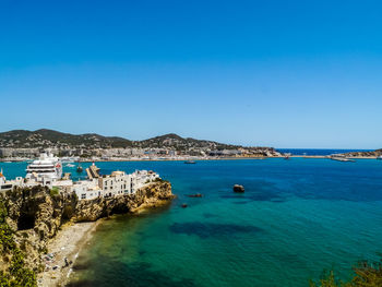 Scenic view of sea against clear blue sky